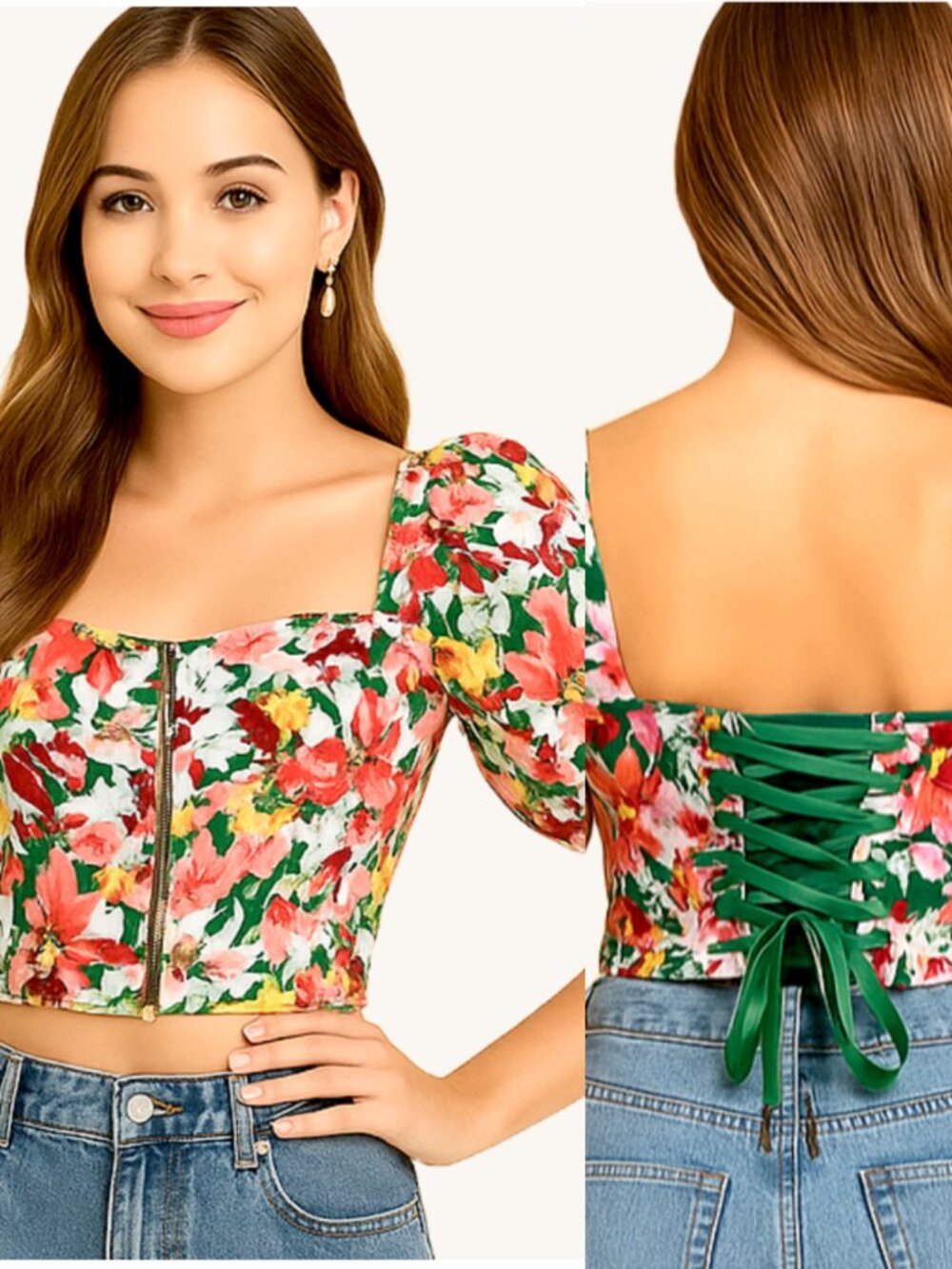 Steel Boned Overbust Corset EU Bustier Crop Top Puff Sleeve Floral Lace Up NWT